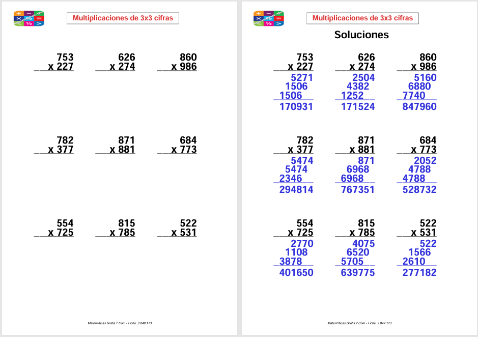 Multiplicaciones de 3 cifras por 3 cifras