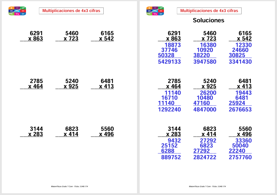 Multiplicaciones de 4 cifras por 3 cifras